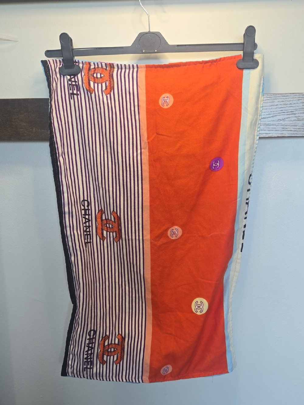 CHANEL Orange & Navy Striped Logo Pillowslip